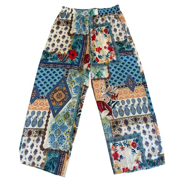 Porter Pants - Porter Collective Womens Wide Leg Crop Pants L Blue Patchwork Floral Boho Crop